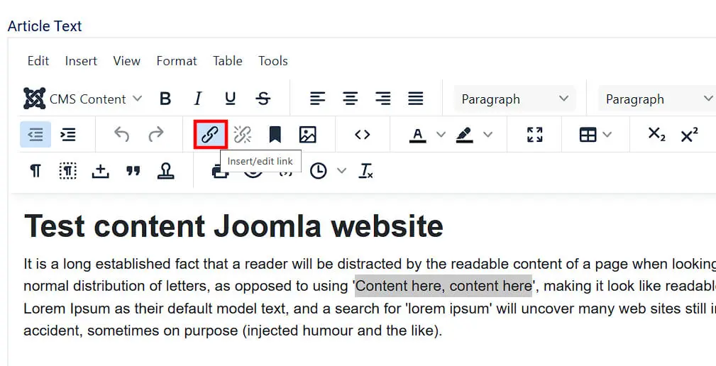 Joomla: Option ‘Insert/edit link’ Bild: Joomla: Option ‘Insert/edit link’