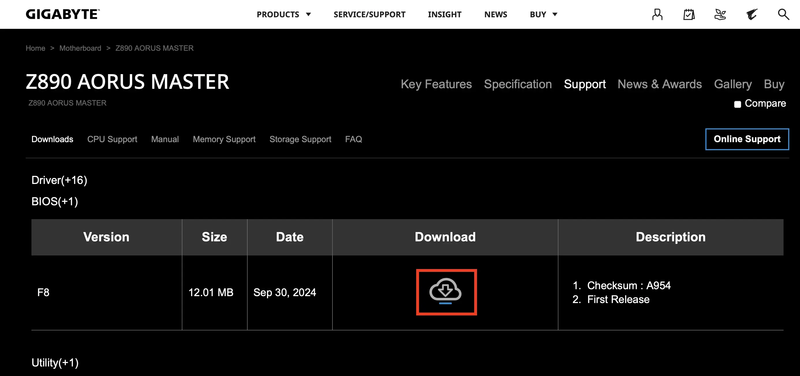 Bild: Download the most recent BIOS version on the Gigabyte website