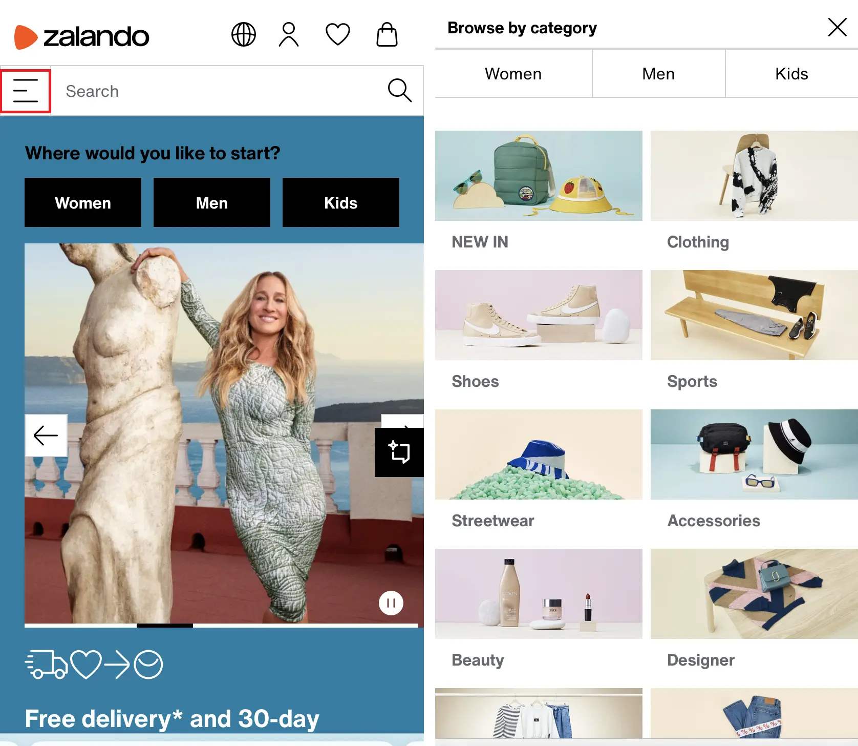 Grid navigation in the Zalando shop Bild: Grid navigation in the Zalando shop