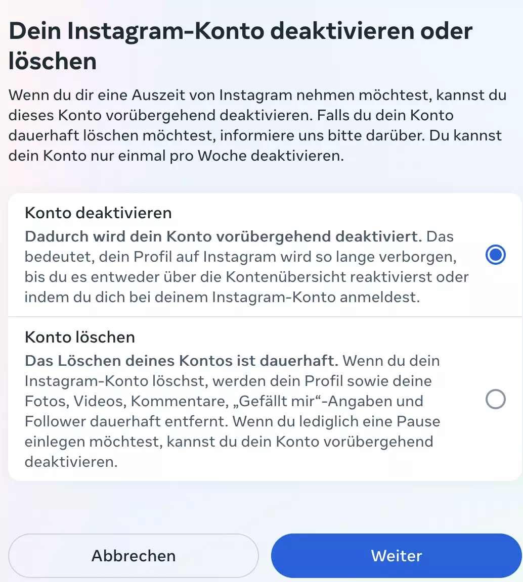 “Konto deaktivieren“ auswählen Bild: “Konto deaktivieren“ auswählen
