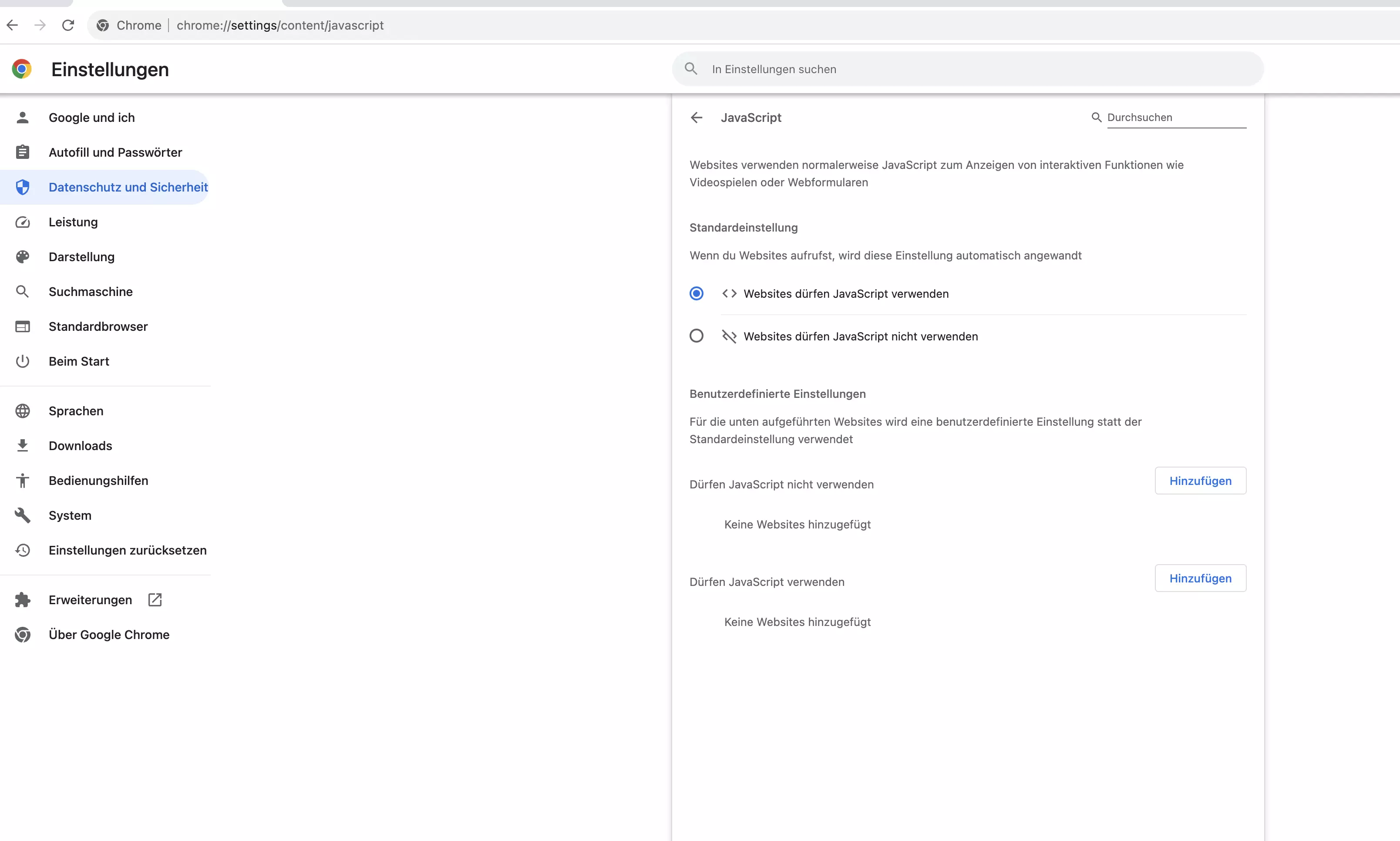Bild: Screenshot der Datenschutz- und Sicherheitseinstellungen in Chrome