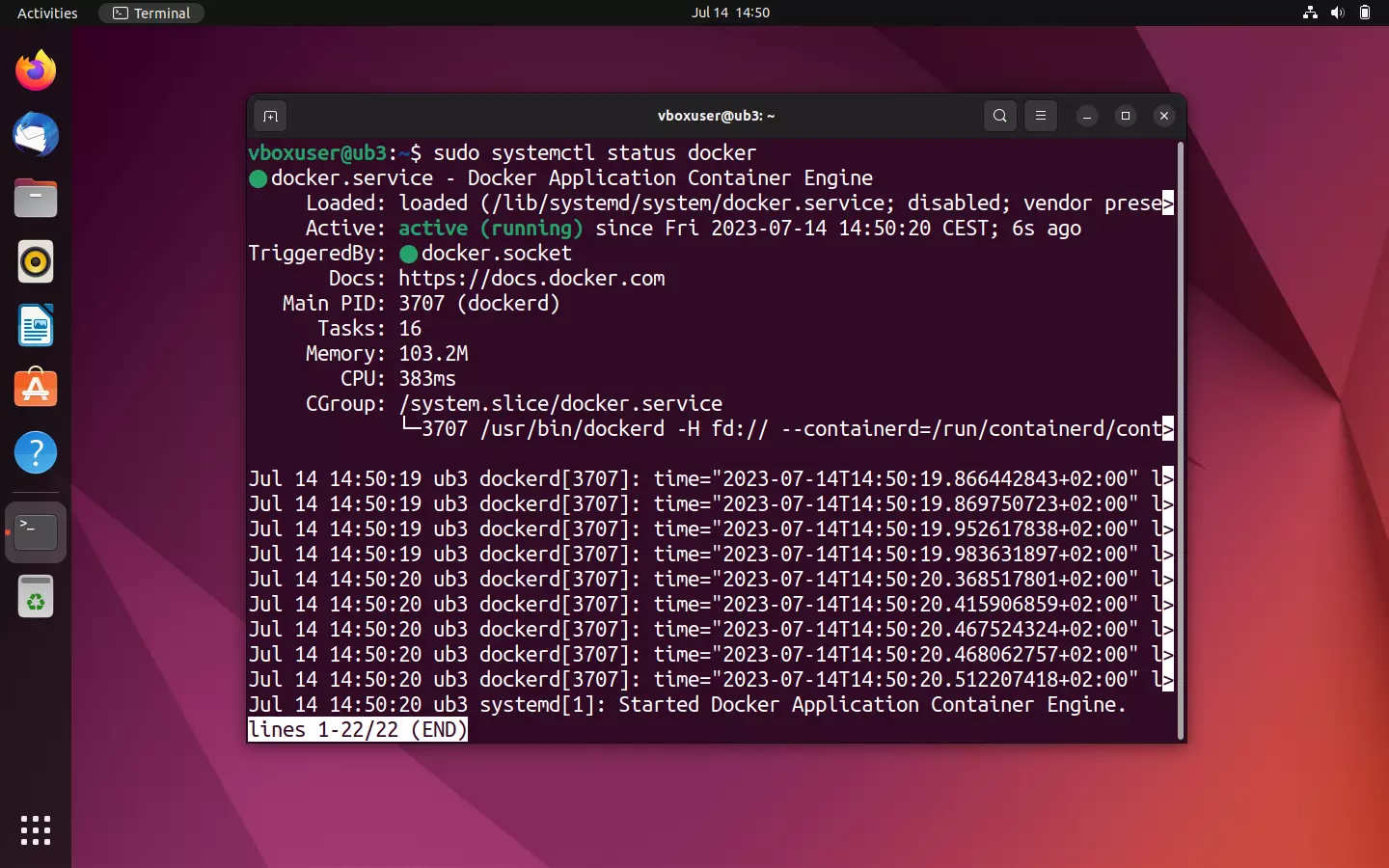 Bild: The status query via systemctl shows: The Docker engine is active (running)