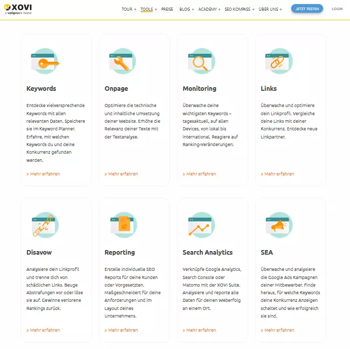 Bild: Tool-Beschreibung auf der Website von XOVI