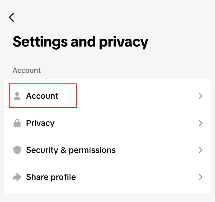 TikTok menu: ‘Account’ option in the ‘Settings and privacy’ menu Bild: TikTok menu: ‘Account’ option in the ‘Settings and privacy’ menu