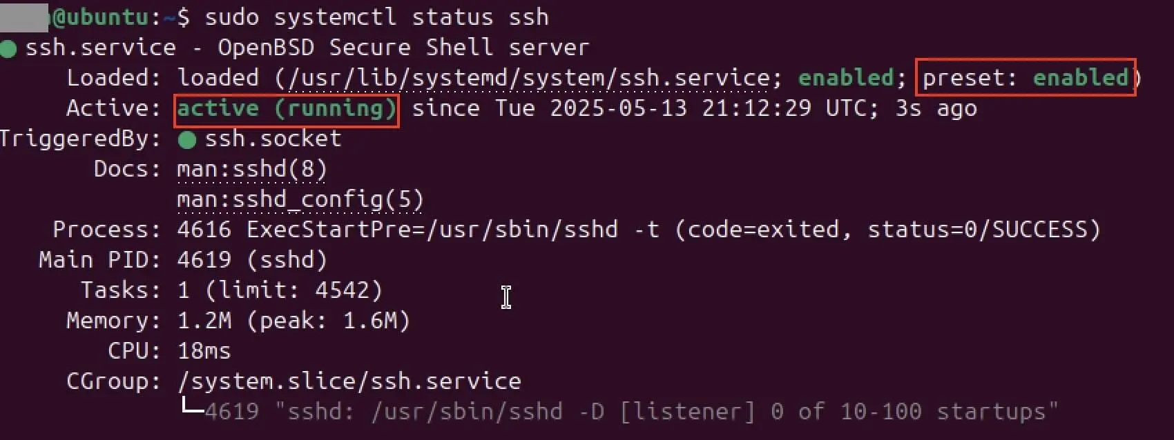 Screenshot of the status of SSH in the terminal Afbeelding: Screenshot of the status of SSH in the terminal
