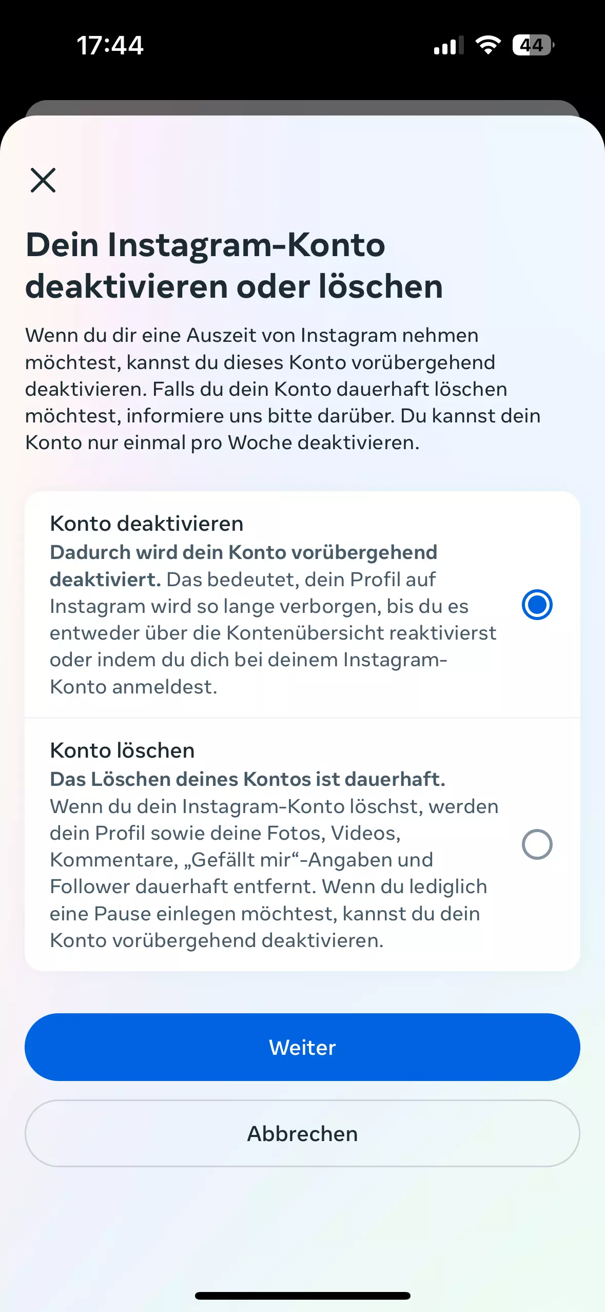 “Konto löschen“ oder „Konto deaktivieren“ auswählen Bild: “Konto löschen“ oder „Konto deaktivieren“ auswählen